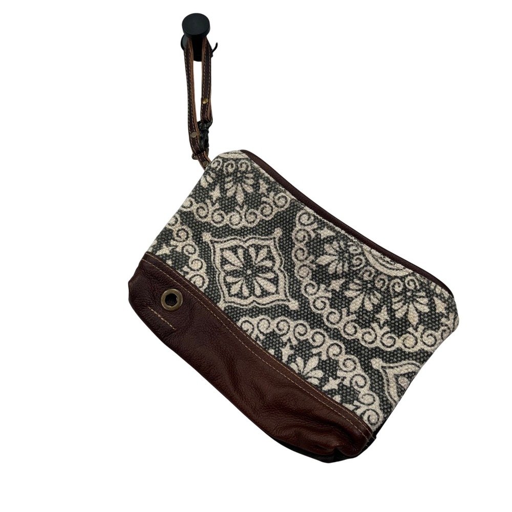 Myra Bag Summer Mist Upcycled Gray Canvas Leather Tote Wristlet Clutch Artisan
